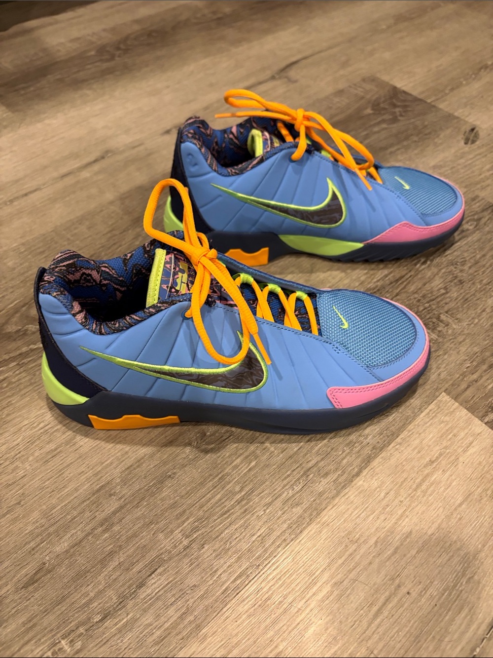 Nike LeBron James Kids Blue Sneakers with Neon Yellow & Orange Accents. NWOT